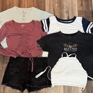 Hollister lot women’s medium size 6 long sleeve short ripped jeans crochet tank